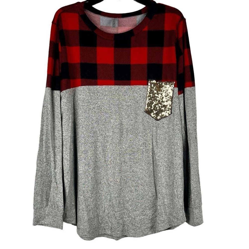 Acting Pro Women’s Long Sleeve Plaid Sequin Pocket Shirt 1X